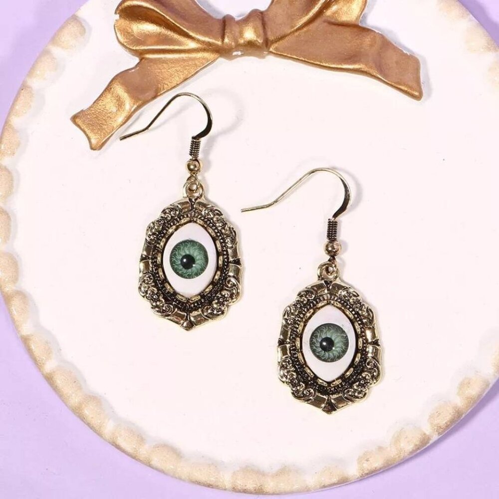 See All Earrings | Green Eyes Silver | Creepy Cute Anime Halloween Emo Grunge